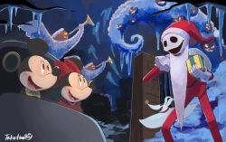 3boys animal_ears bow company_connection gamorangetana gloves hair_bow highres jack_skellington jacket long_sleeves male_focus mickey_mouse mickey_mouse_&amp;_friends minnie_mouse mouse_ears mouse_girl multiple_boys open_mouth santa_costume skeleton skull smile the_nightmare_before_christmas undead white_gloves zero_(nbc)