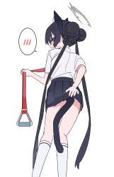 1girl absurdres anal_beads anal_tail animal_ears ass back black_hair black_skirt blue_archive blush butt_plug cat_ears cat_tail double_bun fake_tail hair_bun highres je_o_mo kisaki_(blue_archive) kisaki_(school_uniform)_(blue_archive) kneehighs leash long_hair pleated_skirt school_uniform simple_background skirt socks solo spoken_blush sweatdrop tail twintails white_background white_socks
