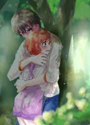 Rule 34 | 1boy, 1girl, ass, bare legs, blush, brown hair, couple, denim, flirting, forest, glasses, gluteal fold, hair ornament, hairpin, hand on another&#039;s chest, hand on another&#039;s shoulder, hand on another&#039;s waist, heart pin, highres, hug, inukai iroha, jeans, jungle, leaf, long sleeves, looking down, manekineko5319, medium hair, nature, off shoulder, orange hair, pants, parted bangs, precure, puffy short sleeves, puffy sleeves, rain, see-through clothes, see-through shirt, shirt, short hair, short sleeves, sideways, sideways face, single bare shoulder, suspenders, toyama satoru, tree, water, water drop, wet, wet clothes, wet shirt, white shirt, wonderful precure!