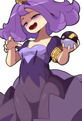 1girl :3 acerola_(pokemon) aged_up armlet blue_eyes blush breasts collarbone covered_navel cowboy_shot dot_nose dress female_focus from_below hands_up holding holding_poke_ball jewelry kamuruchii looking_at_viewer medium_breasts medium_hair naughty_face nintendo open_mouth petite poke_ball pokemon pokemon_sm purple_dress purple_hair shaded_face short_sleeves simple_background smile smug solo standing tongue ultra_ball white_background wide_hips