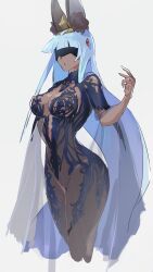 Rule 34 | 1girl, alternate costume, animal ear fluff, animal ears, black blindfold, black dress, blindfold, blue hair, blue lips, breasts, ciella, dark-skinned female, dark skin, dragalia lost, dress, highres, large breasts, long hair, parted lips, rabbit ears, re (pixiv 89203939), solo, very long hair, white background