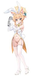 1girl absurdres alternate_costume alternate_hairstyle animal_ear_fluff animal_ear_hairband animal_ears bare_shoulders blue_archive blue_eyes breasts cocktail_shaker commentary elbow_gloves fake_animal_ears flower full_body garter_straps gloves hair_flower hair_ornament hairband halo high_heels highleg highleg_leotard highres holding_cocktail_shaker leotard looking_at_viewer mari_(blue_archive) medium_breasts navel nontraditional_playboy_bunny orange_hair rabbit_ear_hairband rabbit_ears rabbit_tail revealing_clothes rinringyo see-through_clothes see-through_leotard shoes sleeveless solo tail tailcoat thighhighs white_gloves white_hairband white_shoes white_tailcoat white_thighhighs yellow_halo