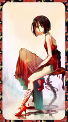 1girl andersen&#039;s_fairy_tales blood bone bow breasts bright_pupils brown_hair commentary_request dismemberment dress floral_border flower flower_ornament from_side full_body green_bow green_eyes green_skirt hair_ornament high_heels highres jewelry karen_(andersen) leg_up light_smile myrrh_(artist) necklace original pool_of_blood red_dress red_flower red_shoes reflection see-through_clothes see-through_skirt severed_leg severed_limb shadow shoes sitting skirt small_breasts solo spine the_red_shoes_(andersen) tiara two-tone_skirt white_pupils