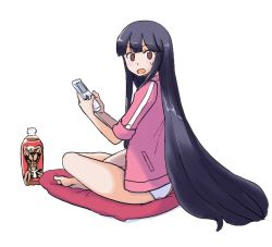 1girl :o black_hair bottle brown_eyes crossed_legs female_focus game_boy game_boy_(original) handheld_game_console houraisan_kaguya jack_(wkm74959) long_hair looking_at_viewer looking_back mannosuke morichika_rinnosuke neet no_pants open_mouth panties simple_background sitting solo touhou underwear very_long_hair white_background white_panties