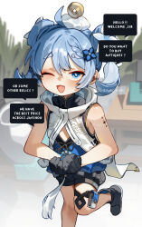 1girl :3 bare_arms black_gloves blue_eyes blue_hair breasts english_text fang gloves highres kani_fish one_eye_closed open_mouth small_breasts solo speech_bubble twintails wuthering_waves youhu_(wuthering_waves)