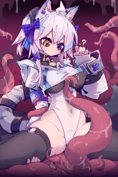 1girl ? absurdres animal_ear_fluff animal_ears black_thighhighs blue_eyes blue_hair bow breasts cameltoe cat_ears cat_girl cat_tail chinese_commentary closed_mouth commentary_request covered_erect_nipples covered_navel cropped_jacket hair_bow heterochromia highleg highleg_leotard highres imazawa jacket large_breasts leotard long_sleeves looking_down medium_hair o-ring original paid_reward_available paw_pose pink_hair plaid_bow purple_bow solo tail tentacles thighhighs variant_set white_jacket white_leotard yellow_eyes