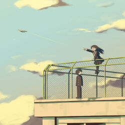 1boy 1girl :d avogado6 black_hair black_pants black_serafuku black_shoes black_skirt black_thighhighs climbing closed_eyes cloud day facing_to_the_side fence gakuran happy happy_tears imminent_suicide long_hair looking_at_another looking_to_the_side on_rooftop open_mouth original outdoors outstretched_arm pants paper_airplane rooftop sailor_collar school school_uniform serafuku shoes short_hair skirt sky smile standing suicide tearing_up tears thighhighs wind