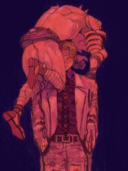 Rule 34 | 1boy, 1other, abs, ass, belt, black skirt, blonde hair, blue background, claws, collared shirt, diamond wa kudakenai, highres, jacket, jojo no kimyou na bouken, killer queen, kira yoshikage, limited palette, male focus, miniskirt, muscular, necktie, sandals, shirt, short hair, simple background, skirt, skull print, slit pupils, spikes, stand (jojo), suit jacket, user xjny2857