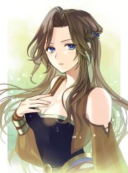 1girl amano_yoshitaka_design bare_shoulders blue_eyes blue_shirt breasts brown_hair brown_vest celes_chere cleavage detached_sleeves final_fantasy final_fantasy_vi hair_ornament hand_on_own_chest kiyuu lace-up_sleeves long_hair medium_breasts parted_bangs puffy_sleeves shirt solo upper_body vest