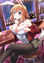 Rule 34 | 1girl, absurdres, animal ears, between breasts, black pantyhose, blue eyes, blush, breasts, charlotte e. yeager, cleavage, closed mouth, covered navel, highres, hiroshi (hunter-of-kct), indoors, large breasts, leotard, long hair, looking at viewer, necktie, necktie between breasts, orange hair, pantyhose, playboy bunny, rabbit ears, rabbit girl, rabbit tail, smile, solo, strike witches, tail, world witches series