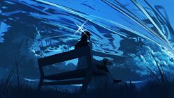 1girl absurdres baseball_cap bench black_hair blue_archive book cloud coat coat_partially_removed commentary_request dark from_side gloves grass halo hat highres holding holding_book kani_etizen03 long_hair on_bench saori_(blue_archive) sitting sky solo white_coat