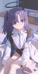 1girl absurdres black_gloves black_halo black_jacket black_skirt blue_archive blue_eyes blue_necktie blurry blurry_background breasts collared_shirt gloves halo highres id_card jacket jacket_partially_removed lan001 large_breasts long_sleeves looking_at_viewer mechanical_halo necktie office_lady open_clothes open_jacket paperclip pleated_skirt purple_hair shirt sitting skirt smile solo twintails white_jacket white_shirt yuuka_(blue_archive)