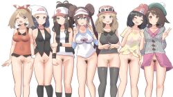 6+girls absurdres baseball_cap beanie beret black_hair black_shirt black_socks black_thighhighs blonde_hair blue_eyes blue_hair blue_shirt blush bottomless breasts brown_hair cardigan cleft_of_venus closed_eyes closed_mouth dawn_(pokemon) double_bun double_v dress eyewear_on_headwear female_pubic_hair gloria_(pokemon) green_hat grey_cardigan grey_eyes hair_bun hair_ribbon hat high_ponytail highres hilda_(pokemon) hood hooded_cardigan large_breasts light_brown_hair lineup long_hair long_sleeves may_(pokemon) medium_breasts multiple_girls nintendo open_mouth orange_eyes pink_dress pink_hat poke_ball_print pokemon pokemon_bw pokemon_bw2 pokemon_dppt pokemon_oras pokemon_sm pokemon_swsh pokemon_xy ponytail porkpie_hat pubic_hair pussy raglan_sleeves red_hat red_shirt ribbon rosa_(pokemon) selene_(pokemon) serena_(pokemon) shirt short_hair short_sleeves simple_background sleeveless sleeveless_shirt small_breasts smile socks standing sunglasses tagme take_your_pick thighhighs thighs tied_shirt twintails two-tone_shirt v visor_cap white-framed_eyewear white_background white_hat white_shirt yellow_shirt yuni_tofu