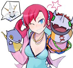 digimon digimon_story:_cyber_sleuth hair_ornament hairpin jacket jewelry long_hair metalgarurumon necklace omegamon puppet shiramine_nokia twintails wargreymon