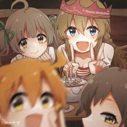 4girls :d ahoge artist_name birthday birthday_cake blue_eyes blurry blurry_foreground braid brown_eyes brown_hair cake character_name closed_mouth clover_(idolmaster) collarbone double_v food green_ribbon hair_between_eyes hair_ribbon hakozaki_serika happy_birthday highres idolmaster idolmaster_million_live! idolmaster_million_live!_blooming_clover indoors kitazawa_shiho kousaka_umi long_hair looking_at_viewer multiple_girls nnnn open_mouth orange_hair ribbon shirt short_hair smile striped_clothes striped_shirt table teeth twin_braids twintails upper_teeth_only v yabuki_kana yellow_eyes