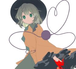 1girl black_hat blood blood_on_hands bloody_knife buttons closed_mouth collar diamond_button frilled_shirt_collar frilled_sleeves frills green_collar green_eyes green_hair green_pupils green_skirt hat heart heart_of_string highres holding holding_knife keiki8296 knife koishi_day komeiji_koishi shirt simple_background skirt third_eye touhou white_background wide_sleeves yellow_shirt