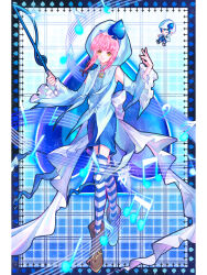 2girls amulet_spade back_bow bare_shoulders beret black_border black_shoes black_vest blue_background blue_capelet blue_hair blue_hat blue_shirt blue_shorts blue_sleeves blue_theme blue_thighhighs boots border bow brown_boots capelet center_frills chibi chinese_commentary closed_eyes closed_mouth commentary_request conductor_baton detached_sleeves floating_hair frilled_sleeves frills full_body gradient_background hair_intakes happy hat highres hinamori_amu holding_baton humpty_lock_(shugo_chara!) inhan lace-up_boots light_particles lips long_sleeves looking_at_viewer magical_girl miki_(shugo_chara!) multiple_girls musical_note musical_staff outside_border pillarboxed pink_hair pink_lips plaid_background shirt shoes short_hair_with_long_locks shorts shugo_chara! sleeveless sleeveless_shirt smile solo_focus spade_hat_ornament standing striped_clothes striped_thighhighs thighhighs train_(clothing) two-tone_thighhighs vest white_border white_bow white_thighhighs wide_sleeves yellow_eyes