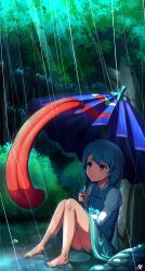 1girl absurdres aqua_skirt bare_legs barefoot blue_eyes blue_hair blue_vest closed_mouth day forest from_side full_body grass ha_kang heterochromia highres holding holding_umbrella juliet_sleeves long_sleeves medium_hair nature no_panties outdoors puffy_sleeves purple_umbrella rain red_eyes skirt tatara_kogasa tongue touhou tree umbrella vest water
