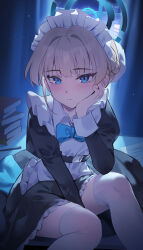 1girl absurdres blonde_hair blue_archive blue_bow blue_bowtie blue_eyes blue_halo book bow bowtie halo highres indoors long_hair looking_at_viewer maid maid_headdress qianyuu_(senba) short_hair solo thighhighs toki_(blue_archive) white_thighhighs