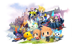 00s 10s 1990s_(style) 3boys 4girls armor behemoth black_mage_(final_fantasy) blonde_hair bridge brown_hair castle chibi chocobo cloud_strife faris_scherwiz final_fantasy final_fantasy_i final_fantasy_v final_fantasy_vii final_fantasy_x final_fantasy_xiii headband heterochromia horns lann_(world_of_final_fantasy) lightning_farron logo monster multiple_boys multiple_girls official_art pink_hair purple_hair retro_artstyle reynn_(world_of_final_fantasy) running spiked_hair square_enix tama_(world_of_final_fantasy) train warrior_of_light_(ff1) world_of_final_fantasy yuna_(ff10)