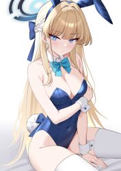 1girl animal_ear_hairband animal_ears arm_under_breasts bare_shoulders blonde_hair blue_archive blue_bow blue_bowtie blue_eyes blue_hairband blue_halo blue_leotard blush bow bowtie braid breasts cleavage closed_mouth covered_navel detached_collar earrings espada_gcon fake_animal_ears fake_tail hair_intakes hairband half_up_braid halo highleg highleg_leotard highres jewelry large_breasts leotard long_hair looking_at_viewer official_alternate_costume official_alternate_hairstyle playboy_bunny rabbit_ears rabbit_tail simple_background sitting solo strapless strapless_leotard stud_earrings tail thighhighs toki_(blue_archive) toki_(bunny)_(blue_archive) white_background white_thighhighs white_wrist_cuffs wrist_cuffs