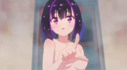 1girl animated animated_gif anime_screenshot ass back bath bathing bathroom black_hair blush breasts collarbone completely_nude convenient_arm convenient_censoring covering_breasts covering_privates gradient_hair interior karasuba_(prima_doll) looking_at_viewer lowres medium_breasts multicolored_hair nude partially_submerged pointing prima_doll purple_eyes purple_hair solo two-tone_hair water