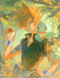 Rule 34 | 1boy, absurdres, bakutiku, blue oak, collared shirt, day, fanny pack, gen 1 pokemon, grin, hair between eyes, hand on own hip, highres, looking at viewer, male focus, nintendo, orange hair, outdoors, pokemon, pokemon (creature), pokemon frlg, shirt, short hair, short sleeves, smile, spiked hair, squirtle, wristband