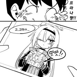 1boy 2girls blue_archive closed_eyes fey_(whitepaper) korean_text male_sensei_(blue_archive) monochrome multiple_girls plana_(blue_archive) saya_(blue_archive) sensei_(blue_archive) simple_background tablet_pc white_background