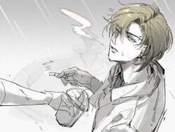 Rule 34 | 1boy, 1other, akitaki kwii, blonde hair, cigarette, collared shirt, cup, degrees of lewdity, disposable cup, earrings, eyebrow piercing, green eyes, highres, holding, holding cigarette, holding cup, jewelry, male focus, out of frame, piercing, shirt, short hair, smoking, spot color, whitney (degrees of lewdity), whitney (male) (degrees of lewdity)
