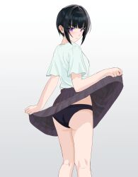 1girl absurdres ass bare_legs black_hair black_panties black_skirt blunt_bangs blush breasts clothes_lift commentary_request feet_out_of_frame highres idolmaster idolmaster_cinderella_girls kneepits lifting_own_clothes looking_at_viewer panties partial_commentary pink_eyes raisu_rice shirayuki_chiyo shirt shirt_tucked_in short_hair simple_background skirt skirt_lift small_breasts solo t-shirt underwear white_shirt
