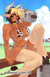 1girl abs absurdres alternate_costume animal_ears animal_feet animal_print bare_shoulders bell bikini blue_sky breasts cathyl cloud commentary cow_ears cow_girl cow_print cow_tail cowbell dark-skinned_female dark_skin day english_commentary farm fence field grass grin highres holding horns huge_breasts knee_up looking_at_viewer monster_girl monster_musume_no_iru_nichijou mouth_hold multicolored_hair muscular muscular_female neck_bell on_fence outdoors patreon_username print_bikini rtil short_hair sitting sky smile solo stalk_in_mouth straw_(stalk) swimsuit tail tank_(container) tsurime two-tone_hair v-shaped_eyebrows variant_set watermark web_address wooden_fence yellow_eyes