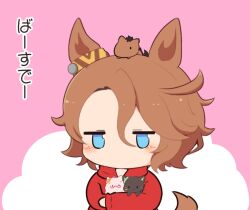 1girl animal animal_ears animal_on_head animalization biwa_hayahide_(umamusume) blue_eyes blush bow brown_hair cat chibi chibi_only commentary ear_ribbon gomashio_(goma_feet) holding holding_animal hood hood_down hoodie horse jitome long_sleeves narita_taishin_(umamusume) no_mouth on_head pink_background red_hoodie ribbon short_hair translated umamusume winning_ticket_(umamusume) yellow_ribbon