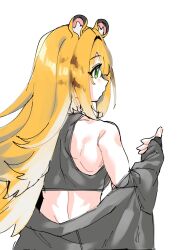 1girl animal_ears bare_shoulders black_jacket black_sports_bra blonde_hair from_behind green_eyes highres jacket ju_fufu long_hair looking_to_the_side off_shoulder open_clothes open_jacket shima_(wideshi_ma) simple_background solo sports_bra tiger_ears tiger_girl toned toned_female very_long_hair white_background zenless_zone_zero