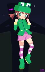 1girl 1other blush boots brown_hair cereal_lechuga coat enderman frog_hat green_coat green_eyes green_shoes pink_shorts rana_(minecraft) shoes short_twintails shorts striped_clothes striped_thighhighs thighhighs twintails