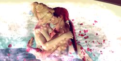 1boy 1girl 3d bath blonde_hair breasts brown_hair cleavage couple hair_up happy_sex hetero hug kiss lowres mixed-sex_bathing ninja_gaiden nude onsen petals ponytail rachel_(ninja_gaiden) ryu_hayabusa sex shared_bathing submerged tecmo water