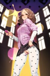 Rule 34 | 1girl, beeeeen, black skirt, brown eyes, brown hair, censored, cleft of venus, clothes lift, controller, crotchless, crotchless pantyhose, female pubic hair, from below, heart, heart censor, highres, holding, holding remote control, layered sleeves, licking lips, lifting own clothes, long sleeves, motion blur, no panties, object insertion, okumura haru, pantyhose, persona, persona 5, pink sweater, plaid clothes, plaid skirt, pubic hair, pussy, pussy juice, remote control, ribbed sweater, school uniform, short hair, short over long sleeves, short sleeves, shuujin academy school uniform, skirt, skirt lift, smile, solo, standing, sweater, tongue, tongue out, torn clothes, vaginal, vaginal object insertion, white sleeves