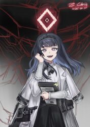 1girl :d absurdres arknights arm_up artist_name black_hair black_hairband blue_hair chinese_commentary coat commentary commentary_request cowboy_shot dated english_commentary gradient_hair grey_eyes hairband halo hand_in_own_hair highres holding lab_coat long_sleeves looking_at_viewer medium_hair mixed-language_commentary multicolored_hair open_mouth partial_commentary pouch priestess_(arknights) purple_pupils red_halo smile solo standing sweater teeth turtleneck turtleneck_sweater upper_teeth_only white_coat white_sweater z_.chris