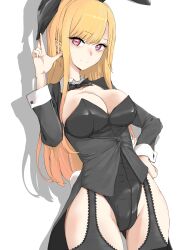 Rule 34 | 1girl, absurdres, animal ear hairband, animal ears, black bow, black bowtie, black leotard, blonde hair, bow, bowtie, breasts, cleavage, closed mouth, collar, commentary, cosplay, cowboy shot, detached collar, earrings, fake animal ears, fake tail, garter straps, groin, hairband, hand on own hip, hand up, highleg, highleg leotard, highres, hoop earrings, izayoi arisa, izayoi arisa (cosplay), jewelry, kitagawa marin, large breasts, leotard, long hair, long sleeves, looking at viewer, p.i.t.d, pink eyes, playboy bunny, rabbit ear hairband, rabbit ears, rabbit tail, simple background, solo, sono bisque doll wa koi wo suru, strapless, strapless leotard, tail, tailcoat playboy bunny, tuxedo, white background, white collar