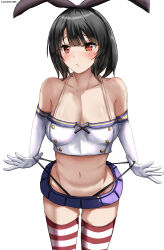 1girl absurdres adapted_costume bare_shoulders black_hair black_panties black_ribbon blue_skirt blush breasts buttons cleavage cosplay cowboy_shot crop_top double-breasted elbow_gloves embarrassed gloves hair_ornament hair_ribbon highleg highleg_panties highres hip_focus kantai_collection light_frown looking_at_viewer medium_breasts medium_hair microskirt midriff mizuki_(uzuki_no_sato) navel orange_eyes panties pleated_skirt pulling_own_clothes revealing_clothes ribbon self_wedgie shimakaze_(kancolle) shimakaze_(kancolle)_(cosplay) shirt skindentation skirt sleeveless sleeveless_shirt small_breasts solo spaghetti_strap string_pull striped_clothes striped_thighhighs takao_(kancolle) thighhighs thighs underwear wedgie white_gloves white_shirt