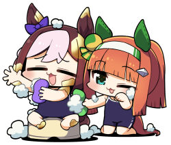Rule 34 | 2girls, :3, :d, animal ears, blue one-piece swimsuit, blunt bangs, blunt sidelocks, blush, bow, brown hair, chibi, chibi only, closed eyes, commentary request, ear bow, ear covers, full body, furrowed brow, green eyes, hairband, highres, horse ears, horse girl, horse tail, kneeling, multicolored hair, multiple girls, one-piece swimsuit, one eye closed, open mouth, orange hair, plover, purple bow, sidelocks, silence suzuka (umamusume), simple background, sitting, smile, soap, special week (umamusume), swimsuit, tail, two-tone hair, umamusume, white background, white hair, white hairband, wiping