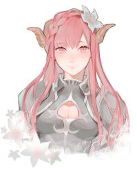 1girl absurdres armor braid cleavage_cutout clothing_cutout curled_horns flower hair_flower hair_ornament highres horns lily_(flower) long_hair looking_at_viewer original pink_eyes pink_hair simple_background smile solo upper_body white_background yoimon