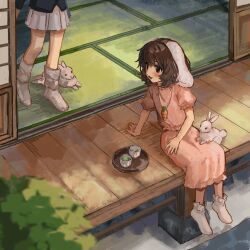 2girls animal animal_ears animal_on_leg b_nosk101 black_jacket blurry blush brown_hair carrot_necklace cup depth_of_field dress floppy_ears foliage green_tea highres inaba_tewi jacket jewelry looking_back medium_hair multiple_girls necklace open_mouth outdoors pink_dress pink_shirt pink_skirt rabbit rabbit_ears rabbit_girl red_eyes reisen_udongein_inaba shirt short_sleeves shouji skirt sliding_doors smile socks tatami tea teacup touhou tray veranda white_socks