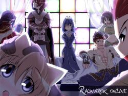3girls 4boys abs armor backlighting belt black_cape black_eyes blacksmith_(ragnarok_online) blonde_hair blue_dress blue_hair blue_pants book breasts brown_belt brown_hair cape closed_eyes closed_mouth commentary_request copyright_name cross cross_necklace crown dress fingerless_gloves gloves hairband headband holding holding_book holding_sword holding_weapon hunter_(ragnarok_online) indoors jewelry juliet_sleeves knight_(ragnarok_online) long_hair long_sleeves looking_at_another looking_at_viewer medium_breasts multiple_boys multiple_girls navel necklace novice_(ragnarok_online) open_mouth pants pauldrons pointy_ears priest_(ragnarok_online) puffy_sleeves purple_eyes purple_hair ragnarok_online red_hair red_hairband red_headband rondo_umigame shirt short_hair shoulder_armor sitting smile spiked_hair stained_glass standing swimsuit sword tabard thief_(ragnarok_online) upper_body weapon white_shirt white_tabard wizard_(ragnarok_online) yellow_shirt