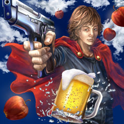 1boy alcohol apple beer blonde_hair cape cloud food fruit gun handgun i_wanna_be_the_guy male_focus outdoors pistol short_hair sky solo the_kid weapon yorubehakiete_tenohiragaeshi