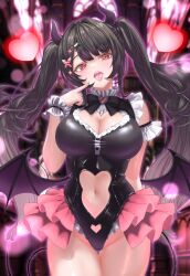 1girl absurdres bare_shoulders black_hair black_leotard blurry blurry_background bokeh bow bowtie breasts cleavage cleavage_cutout clothing_cutout commission cowboy_shot cross-shaped_pupils demon_girl demon_horns demon_tail demon_wings depth_of_field frilled_leotard frills hair_ornament hairclip hand_up heart heart_cutout highleg highleg_leotard highres horns large_breasts leotard long_hair looking_at_viewer low_wings navel open_mouth original red_eyes scrunchie skeb_commission solo stomach stomach_cutout symbol-shaped_pupils tail thigh_gap thighs tongue tongue_out twintails very_long_hair wakaunderblade7 wings wrist_scrunchie