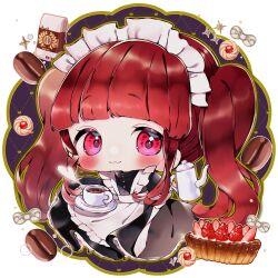 1girl :3 black_dress black_footwear blunt_bangs blush bow chibi closed_mouth coffee coffee_bag coffee_beans commentary_request commission cookie cup dessert dress food fruit heart highres irokiiro maid maid_headdress original pink_eyes pixiv_commission red_hair saucer solo strawberry thumbprint_cookie twintails white_bow