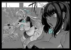 2girls ^^^ aqua_bow aqua_bowtie aqua_ribbon asuna_(blue_archive) bare_shoulders blue_archive bow bowtie breasts cleavage commentary_request diet_coke_and_mentos_(meme) gloves greyscale highres karin_(blue_archive) karin_(bunny)_(blue_archive) large_breasts looking_at_another maid meme monochrome multiple_girls no_halo official_alternate_costume ribbon sashizume_soutarou selfie v