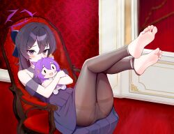 1girl barefoot black_hair blue_archive blush casley chair feet feet_up haruka_(blue_archive) haruka_(dress)_(blue_archive) highres long_hair looking_at_viewer panties panties_under_pantyhose pantyhose pantyshot purple_eyes soles toes torn_clothes torn_pantyhose underwear