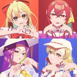 4girls :d absurdres adapted_costume asakura_rikako baseball_cap blonde_hair blue_background bow bowtie closed_mouth collared_shirt ellen_(touhou) finger_heart fingernails glasses grey_vest guumin hair_bow hair_ribbon happy hat head_tilt heart heart_hands highres kana_anaberal kotohime_(touhou) lips long_hair long_sleeves medium_hair multiple_girls nail_polish necktie open_mouth parted_lips phantasmagoria_of_dim.dream purple_background purple_eyes purple_hair purple_shirt red_background red_bow red_bowtie red_eyes red_hair red_nails ribbon round_eyewear shirt side_ponytail simple_background smile sun_hat touhou touhou_(pc-98) turtle upper_body very_long_hair vest white_hat white_shirt white_wrist_cuffs wrist_cuffs yellow_eyes yellow_necktie yellow_ribbon