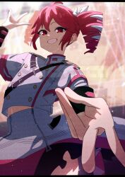 1girl ahoge belt black_belt black_sleeve_cuffs bow buttons concert double-breasted double_v drill_hair fin_gocco grey_jacket grey_skirt grin hair_between_eyes hair_bow hair_ribbon highres jacket kasane_teto kasane_teto_(sv) layered_skirt layered_sleeves long_sleeves midriff_peek red_eyes red_hair red_skirt red_trim ribbon screen_zoom shirt shoulder_belt shoulder_boards skirt smile solo striped_clothes striped_jacket striped_shirt synthesizer_v twin_drills utau v white_bow white_ribbon